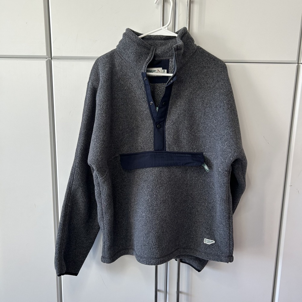 Wellen Men Recycled Fleece Snap Neck Pullover Gray Navy Blue Pocket Large